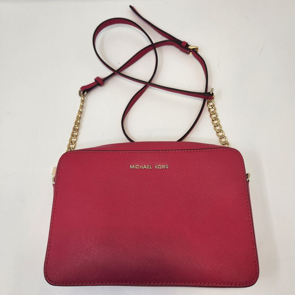 Michael Kors Jet Set Hot Pink Saffiano Leather Crossbody Bag Zip Top Adjustable